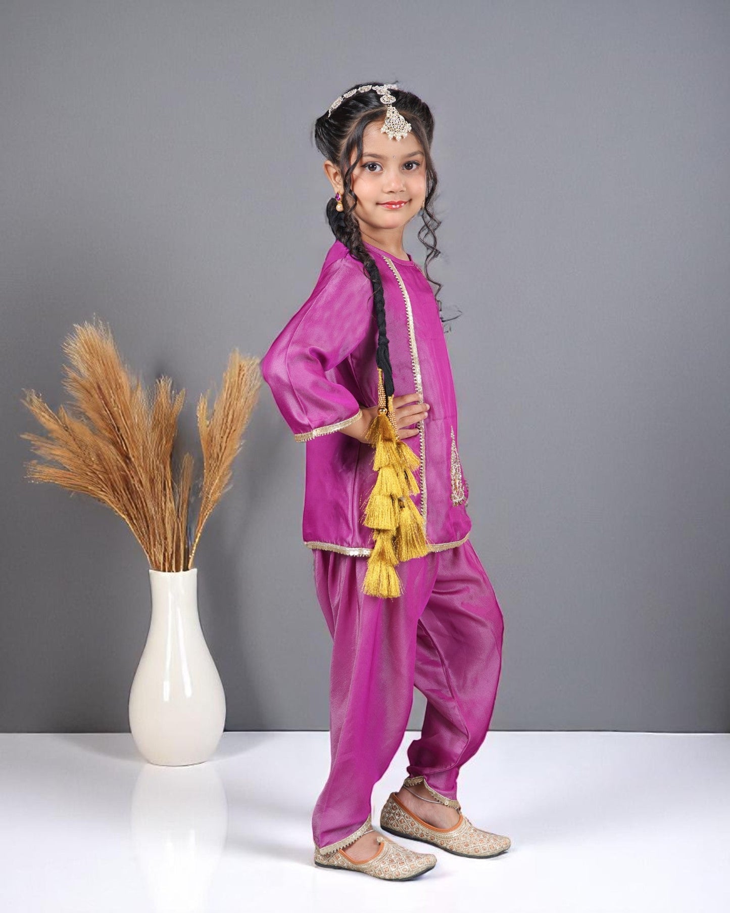 Jashmanara Girls’ 3-Piece Art Silk Suit – Semi Tulip Pant, Handwork & Lace