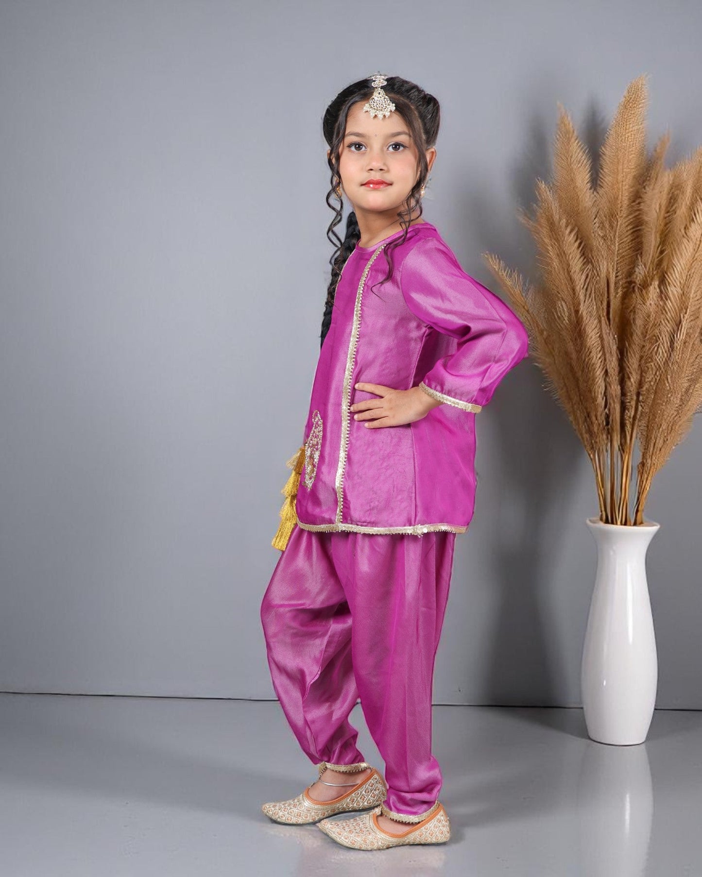 Jashmanara Girls’ 3-Piece Art Silk Suit – Semi Tulip Pant, Handwork & Lace