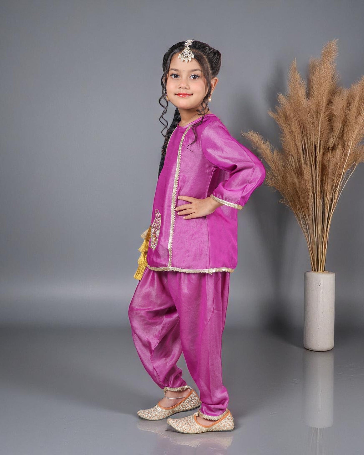 Jashmanara Girls’ 3-Piece Art Silk Suit – Semi Tulip Pant, Handwork & Lace