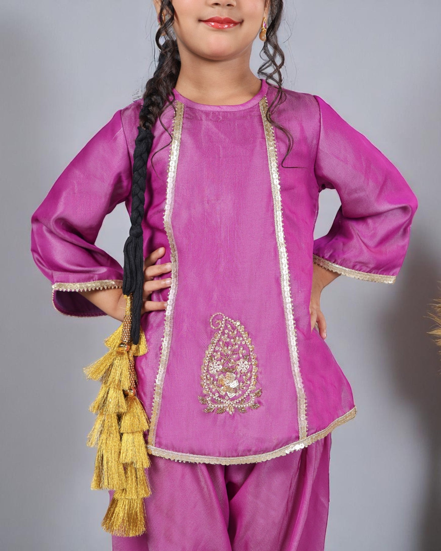 Jashmanara Girls’ 3-Piece Art Silk Suit – Semi Tulip Pant, Handwork & Lace