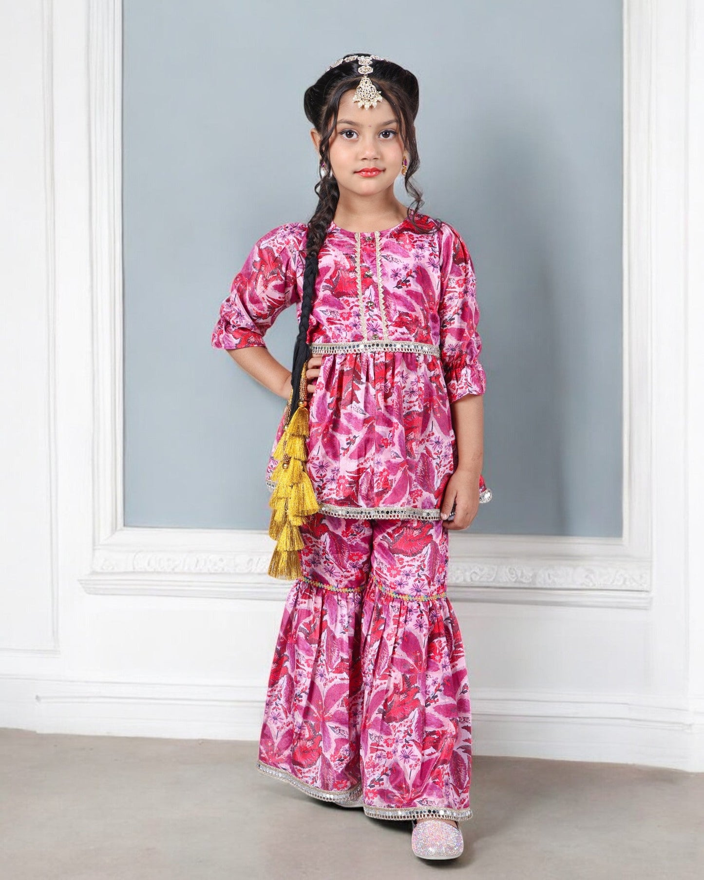 Jashmanara Girls’ Chinon Co-ord Set – Digital Print, Lace, Designer Sharara