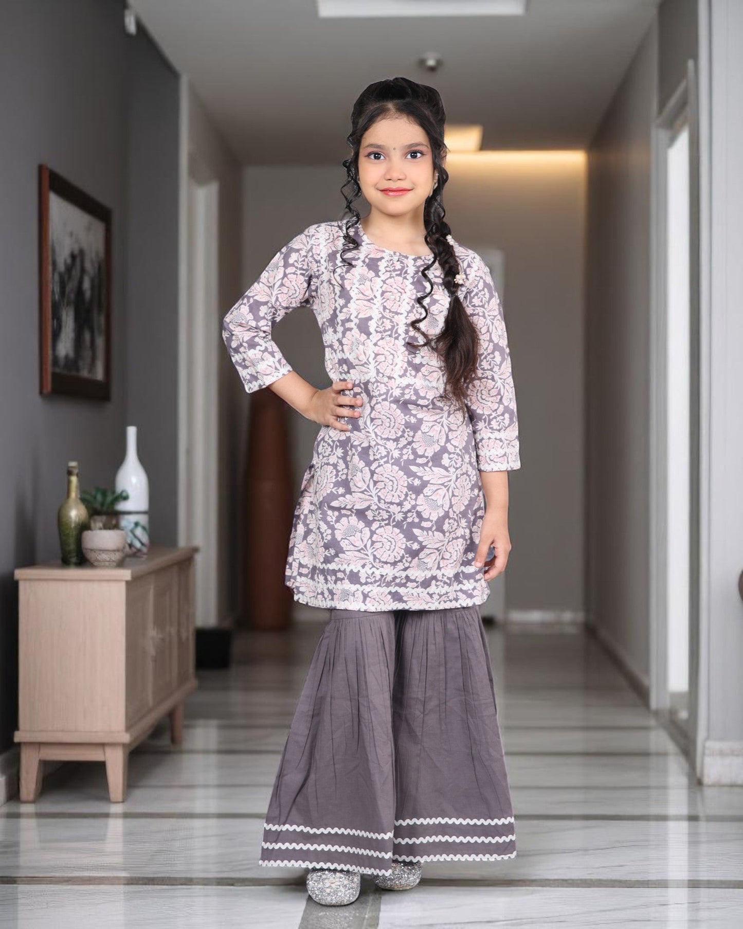 Jashmanara Girls’ Pure Cotton Sharara Set – Lace Detailing, Summer Ethnic Wear