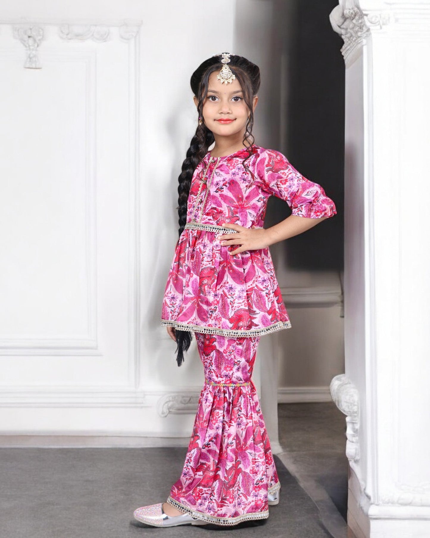 Jashmanara Girls’ Chinon Co-ord Set – Digital Print, Lace, Designer Sharara