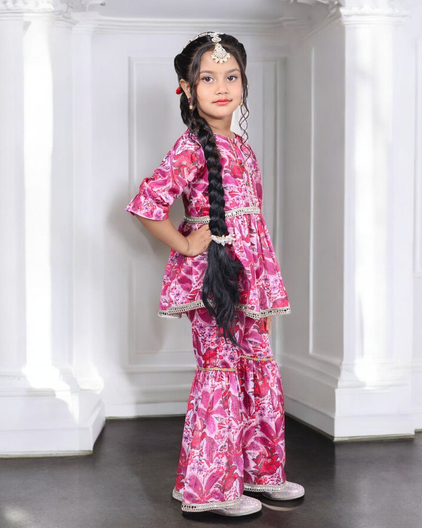 Jashmanara Girls’ Chinon Co-ord Set – Digital Print, Lace, Designer Sharara