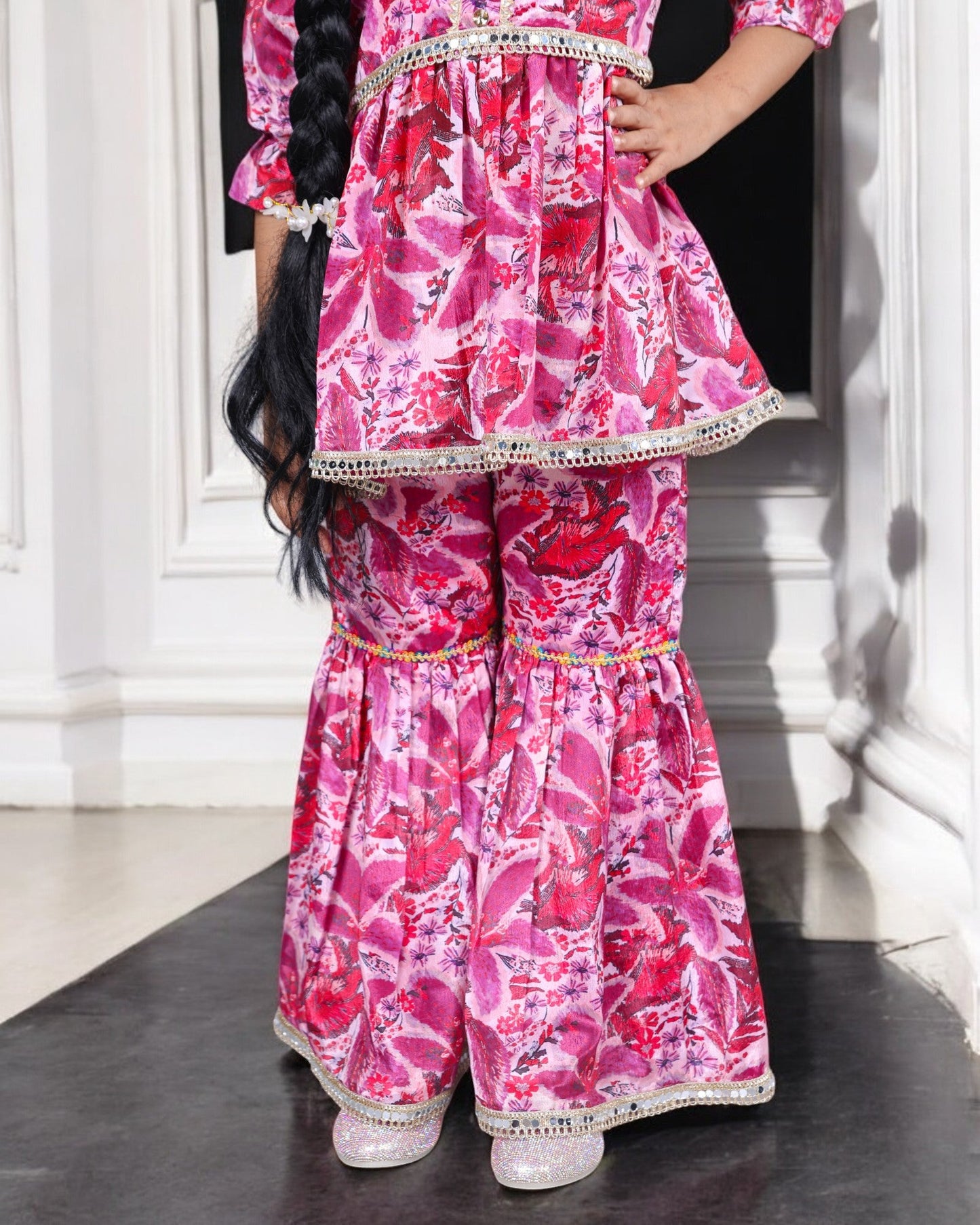 Jashmanara Girls’ Chinon Co-ord Set – Digital Print, Lace, Designer Sharara
