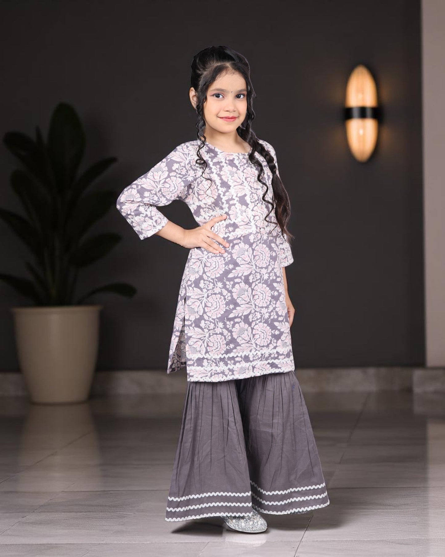 Jashmanara Girls’ Pure Cotton Sharara Set – Lace Detailing, Summer Ethnic Wear