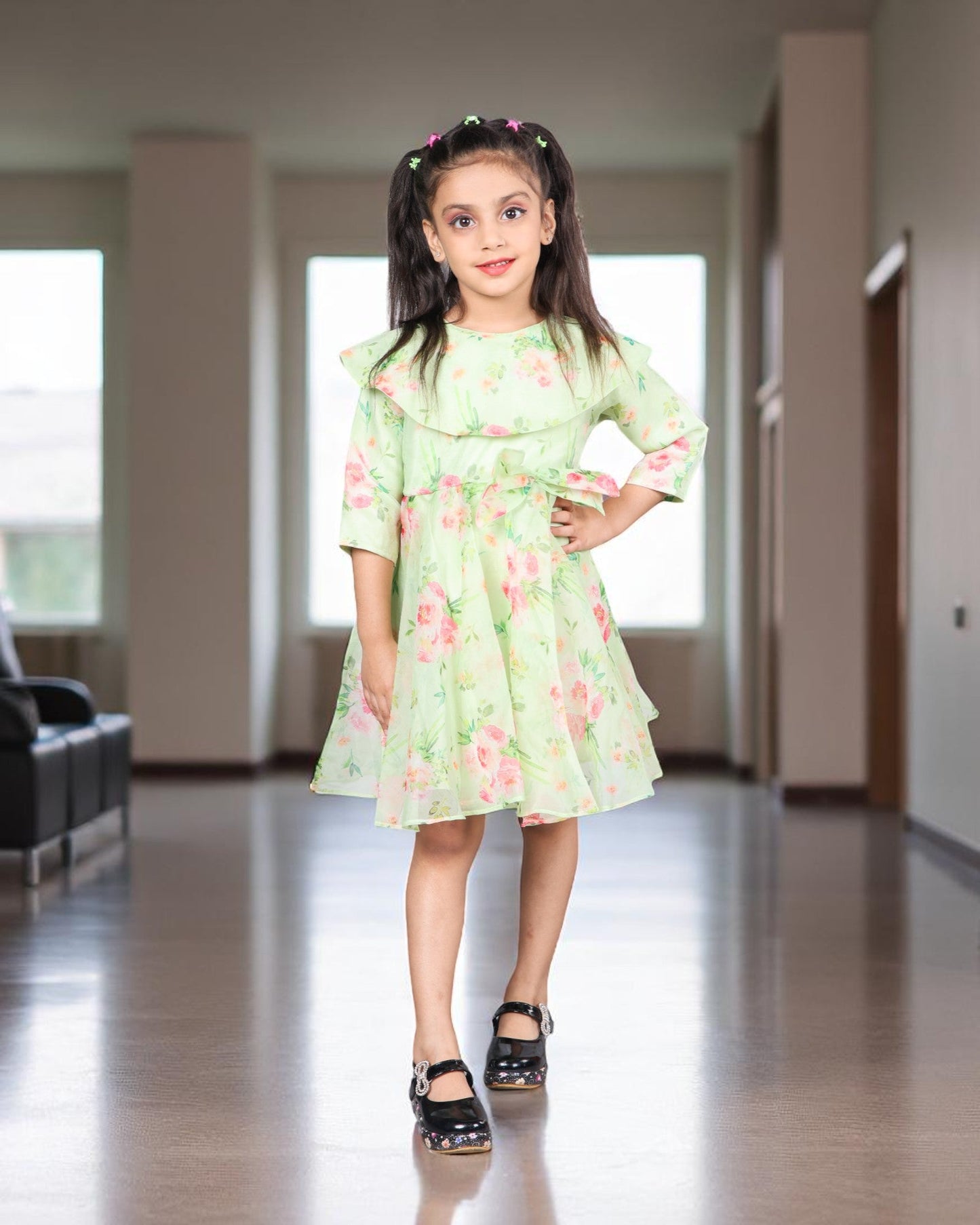 Jashmanara Girls’ Designer Organza Frock – Digital Print, Waistbelt, 3/4 Sleeves