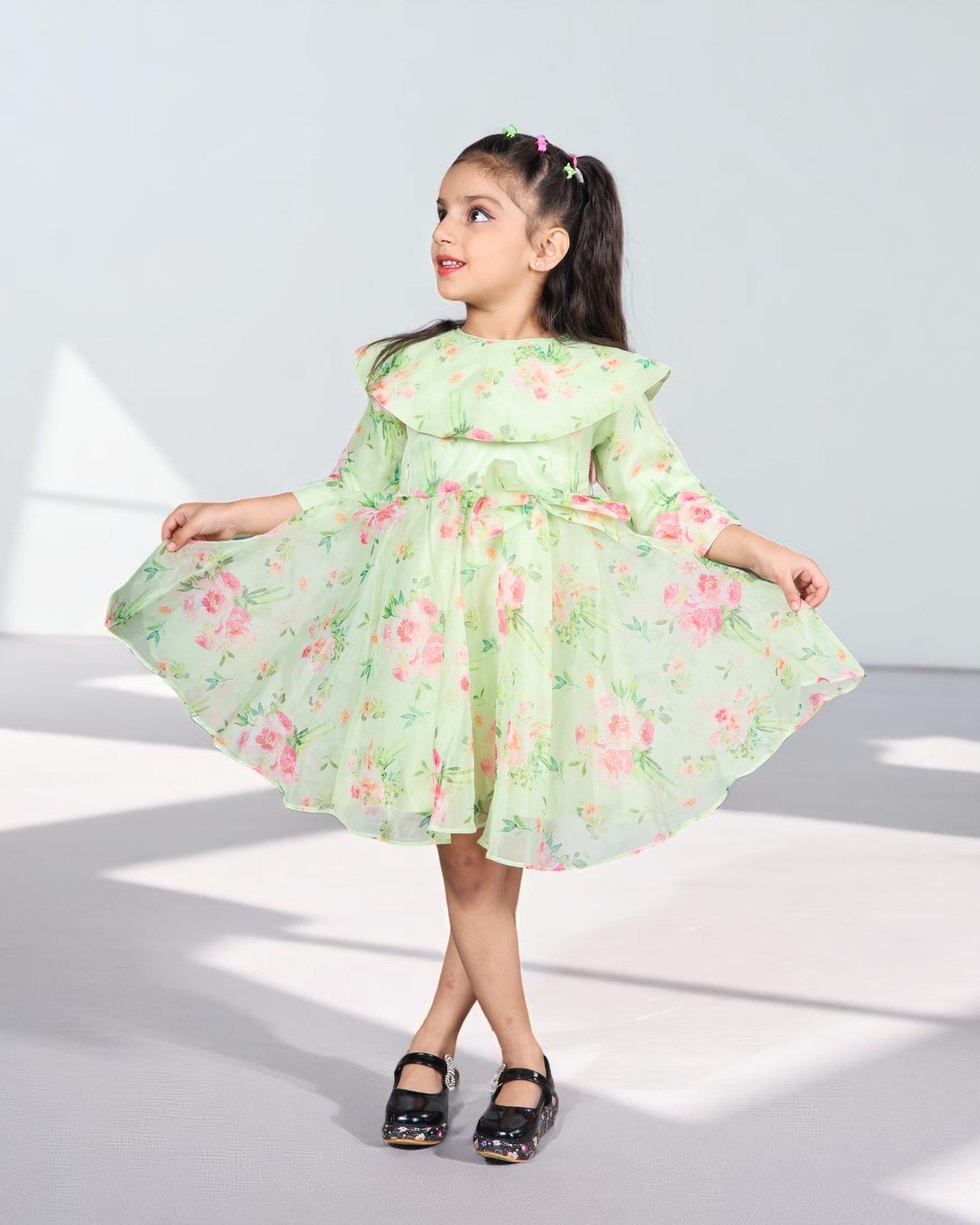Jashmanara Girls’ Designer Organza Frock – Digital Print, Waistbelt, 3/4 Sleeves