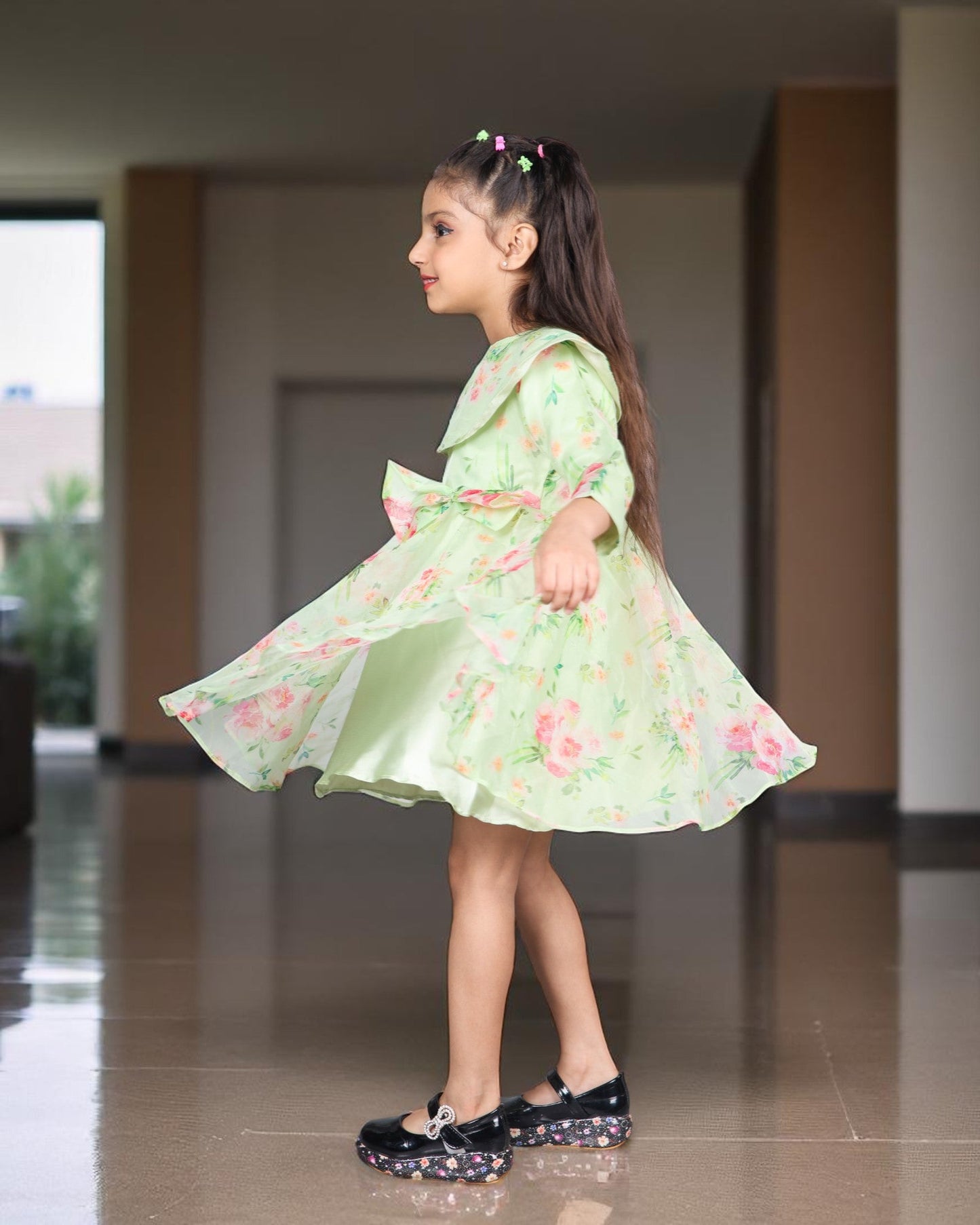 Jashmanara Girls’ Designer Organza Frock – Digital Print, Waistbelt, 3/4 Sleeves