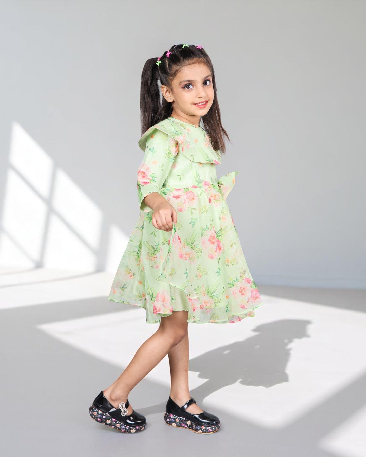 Jashmanara Girls’ Designer Organza Frock – Digital Print, Waistbelt, 3/4 Sleeves