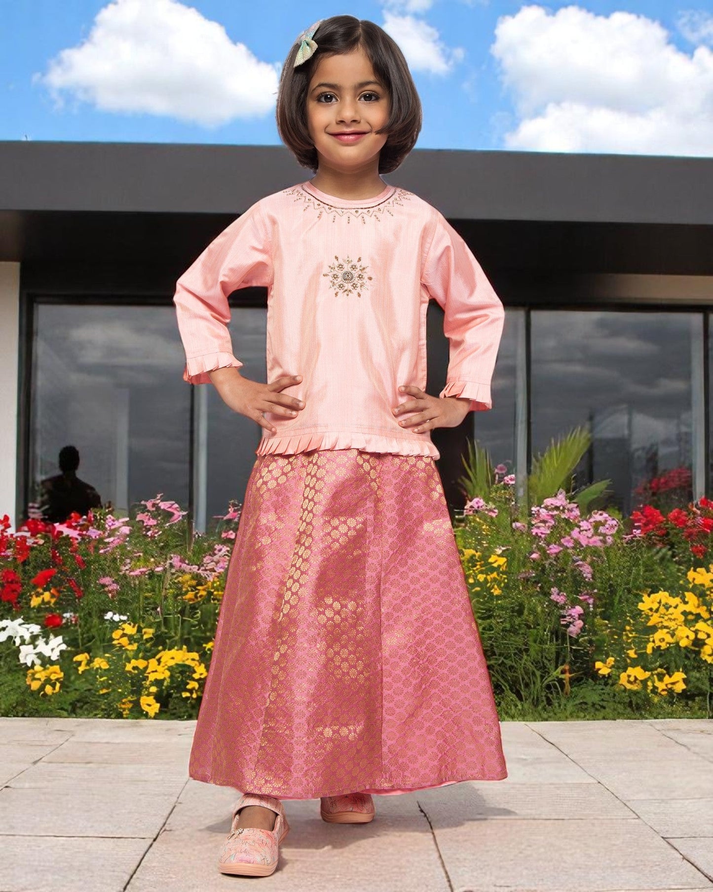 Majestic Elegance: Handcrafted Taffeta & Brocade Ensemble
