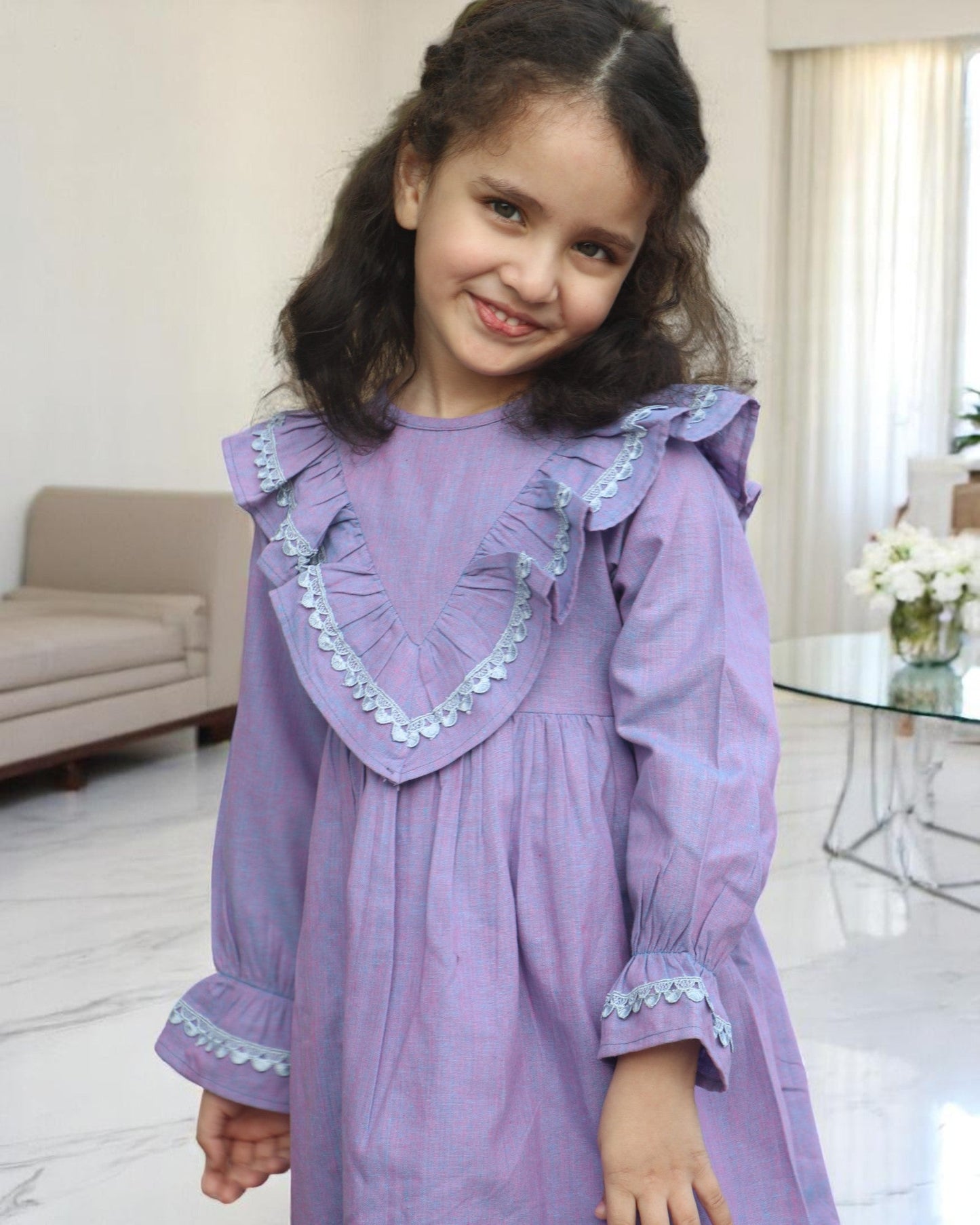 Elegant Designer Cotton Frock with Lacework & Full Sleeves – Breathable & Stylish