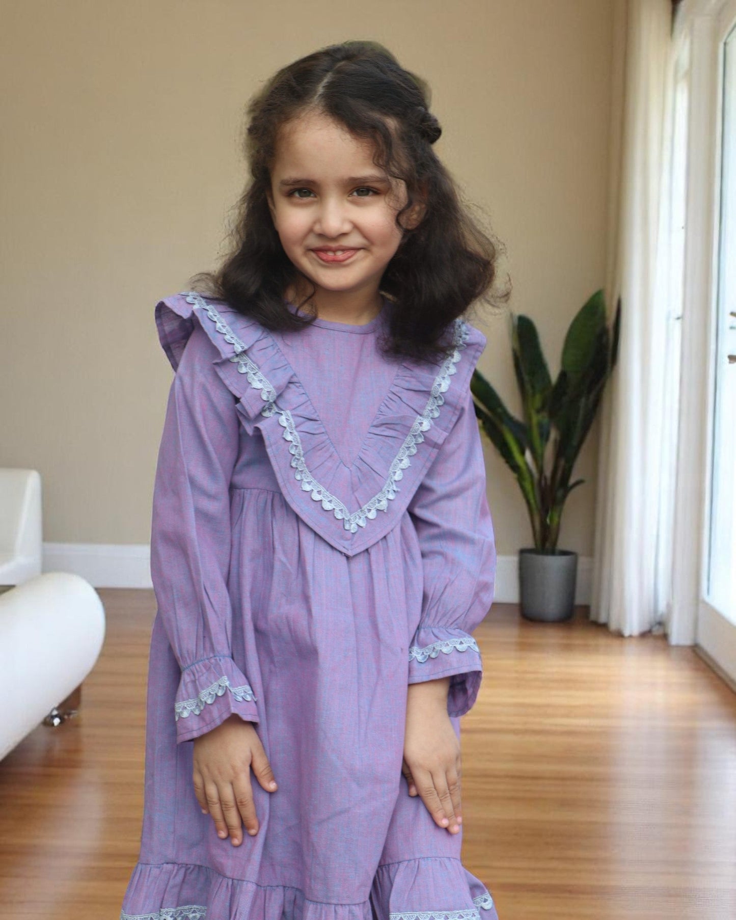 Elegant Designer Cotton Frock with Lacework & Full Sleeves – Breathable & Stylish