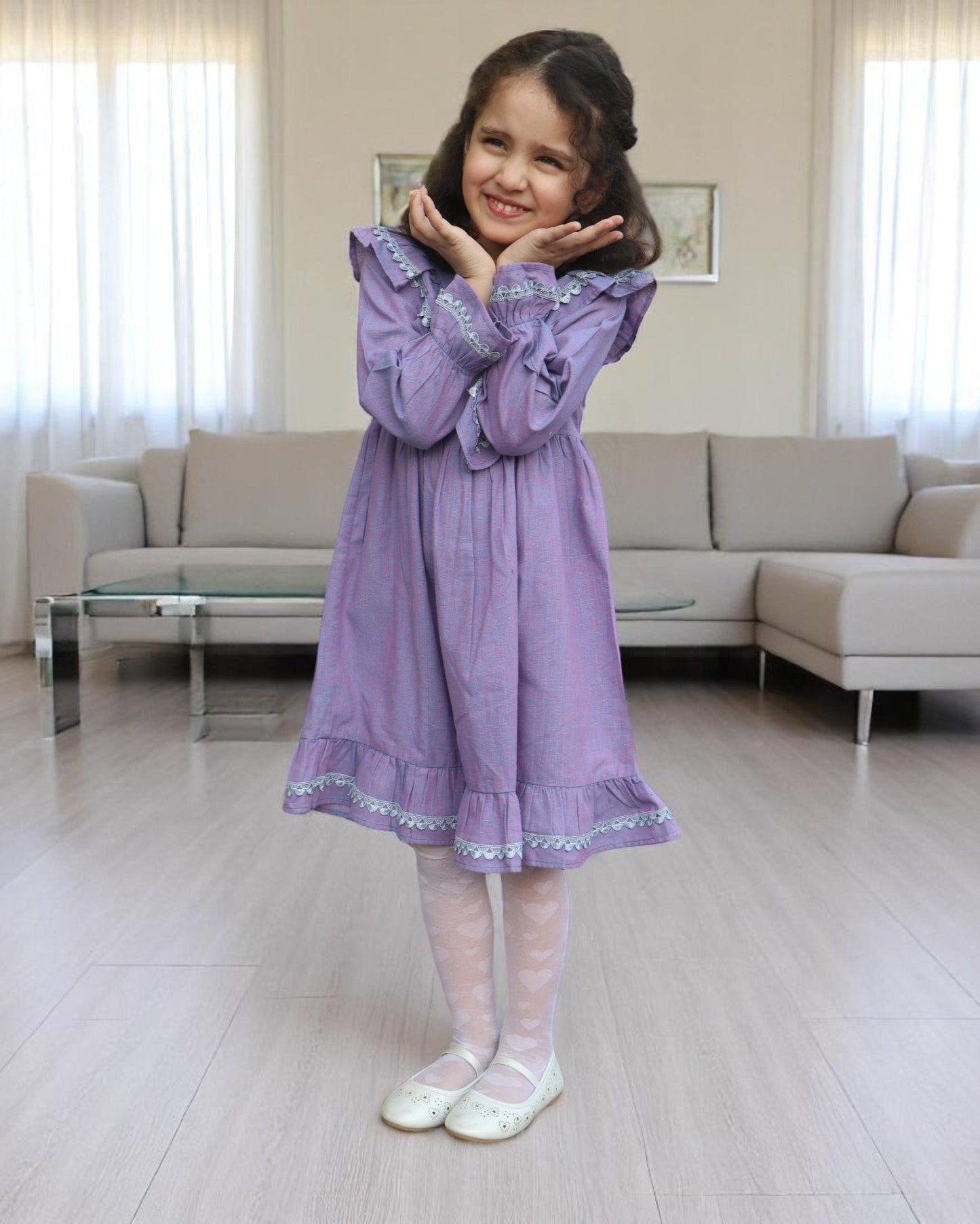 Elegant Designer Cotton Frock with Lacework & Full Sleeves – Breathable & Stylish