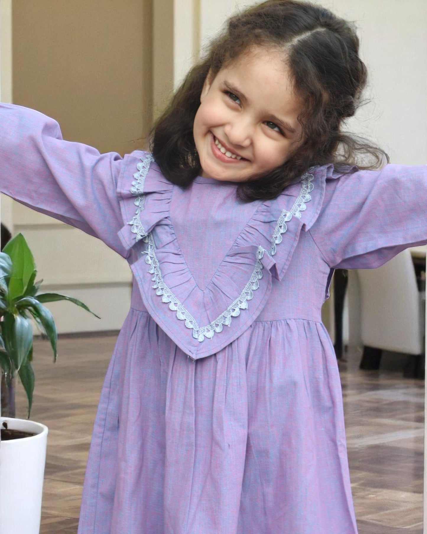 Elegant Designer Cotton Frock with Lacework & Full Sleeves – Breathable & Stylish