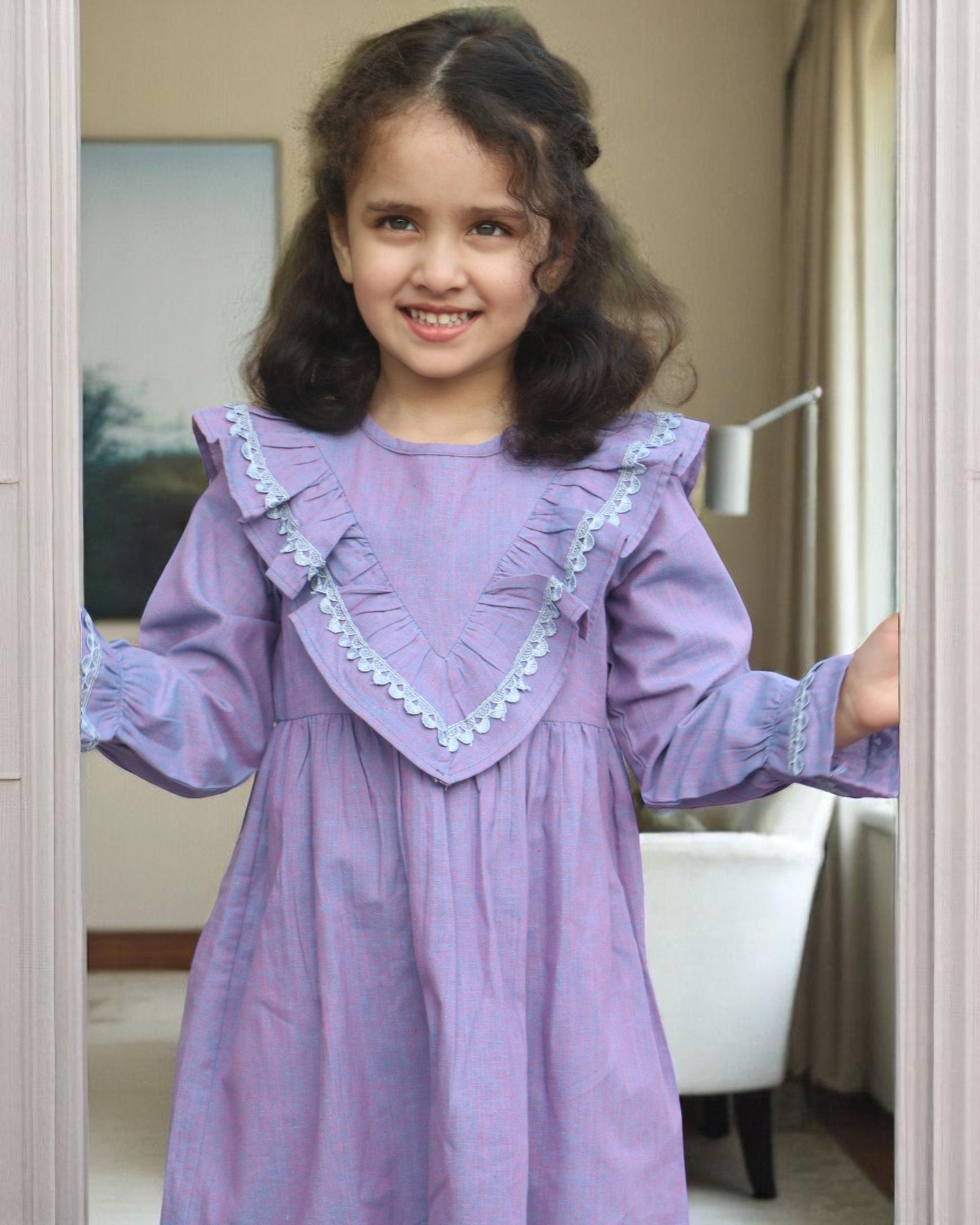 Elegant Designer Cotton Frock with Lacework & Full Sleeves – Breathable & Stylish