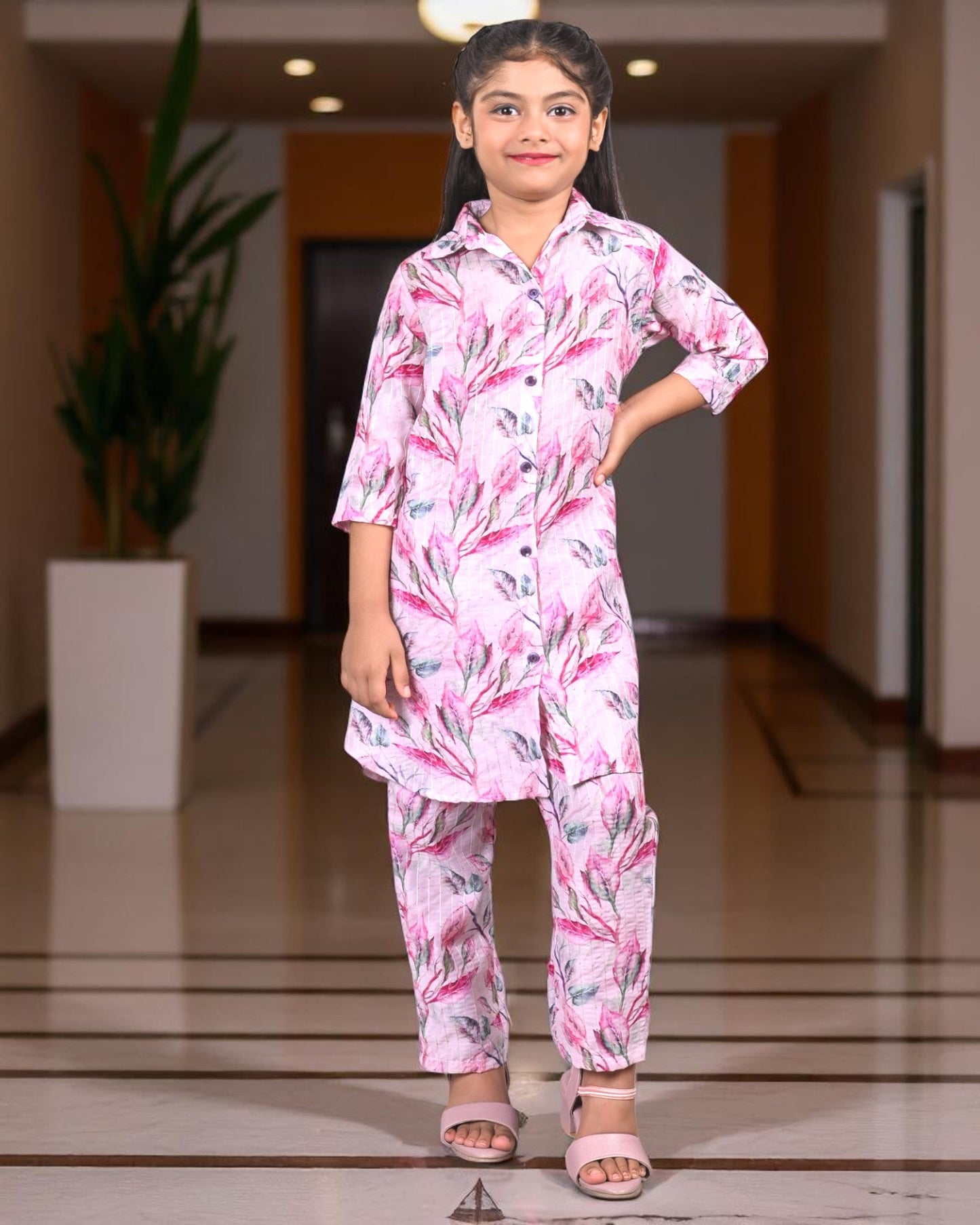 Jashmanara Girls’ Printed Co-ord Set – Sequin Work, Cotton Blend, Shirt Collar