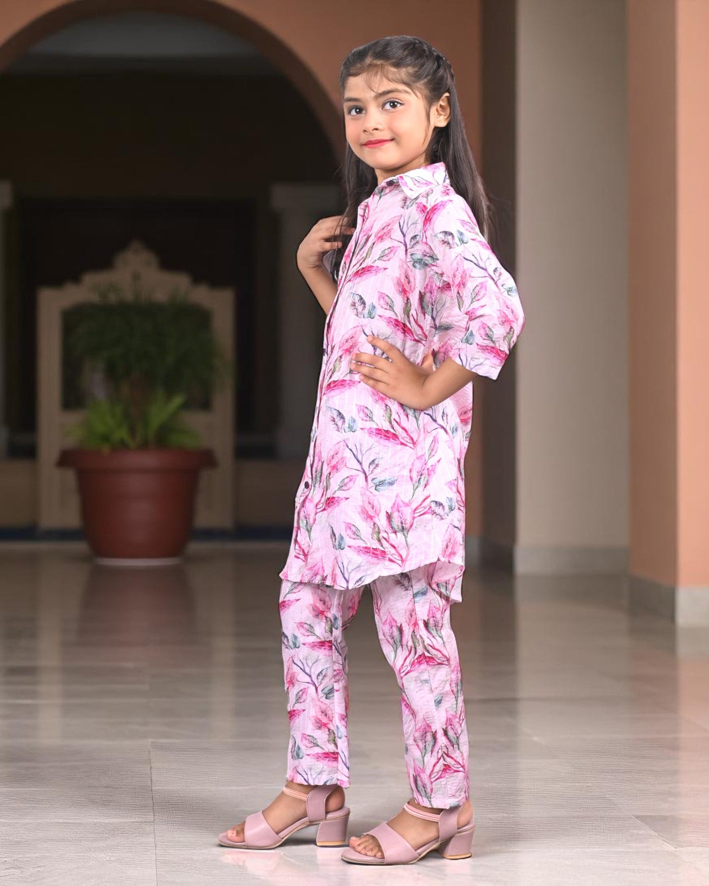 Jashmanara Girls’ Printed Co-ord Set – Sequin Work, Cotton Blend, Shirt Collar