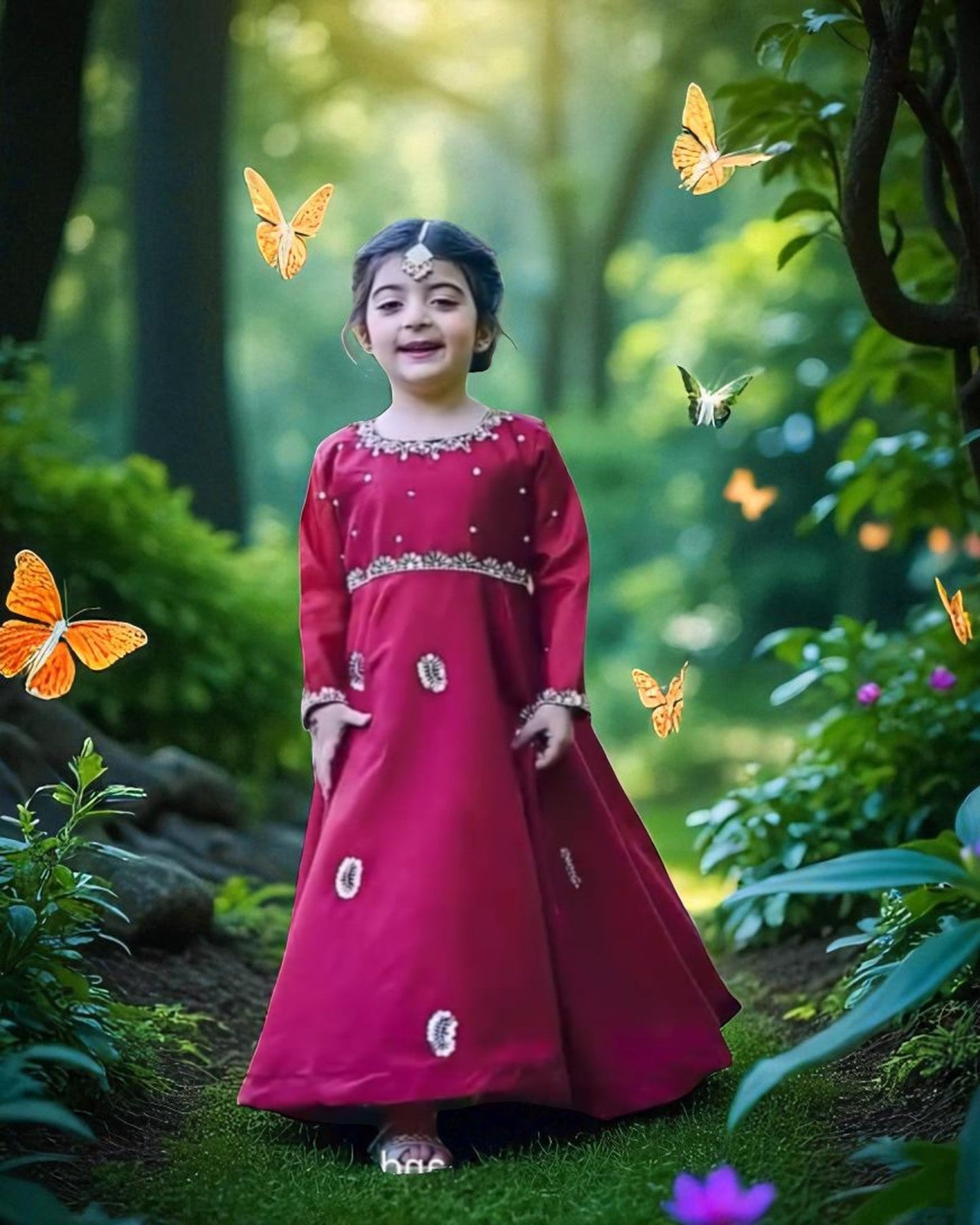 Regal Red Art Silk Kids Gown with Hand Embellishments & Tassel Back