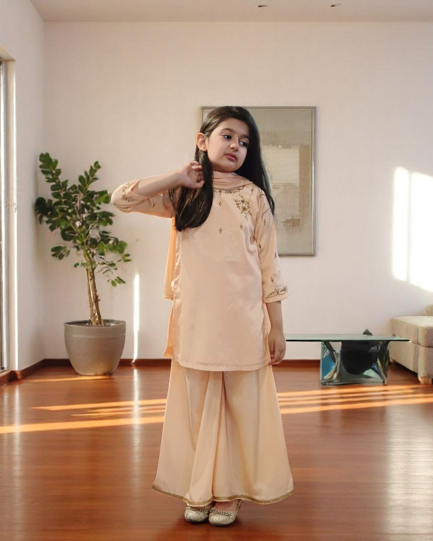 Girls' 3-Piece Ethnic Suit in French Crepe with Handwork Details