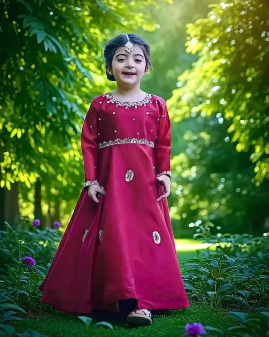 Regal Red Art Silk Kids Gown with Hand Embellishments & Tassel Back