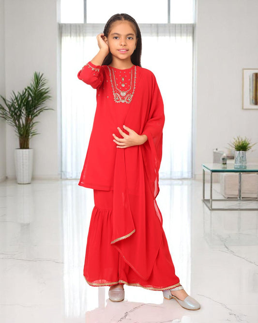 Girls 3-Piece Ethnic Georgette Sharara Suit with Handwork Detailing
