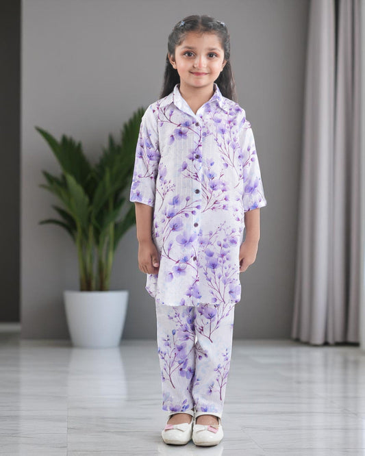 Jashmanara Girls’ Printed Co-ord Set – Sequin Work, Cotton Blend, Shirt Collar