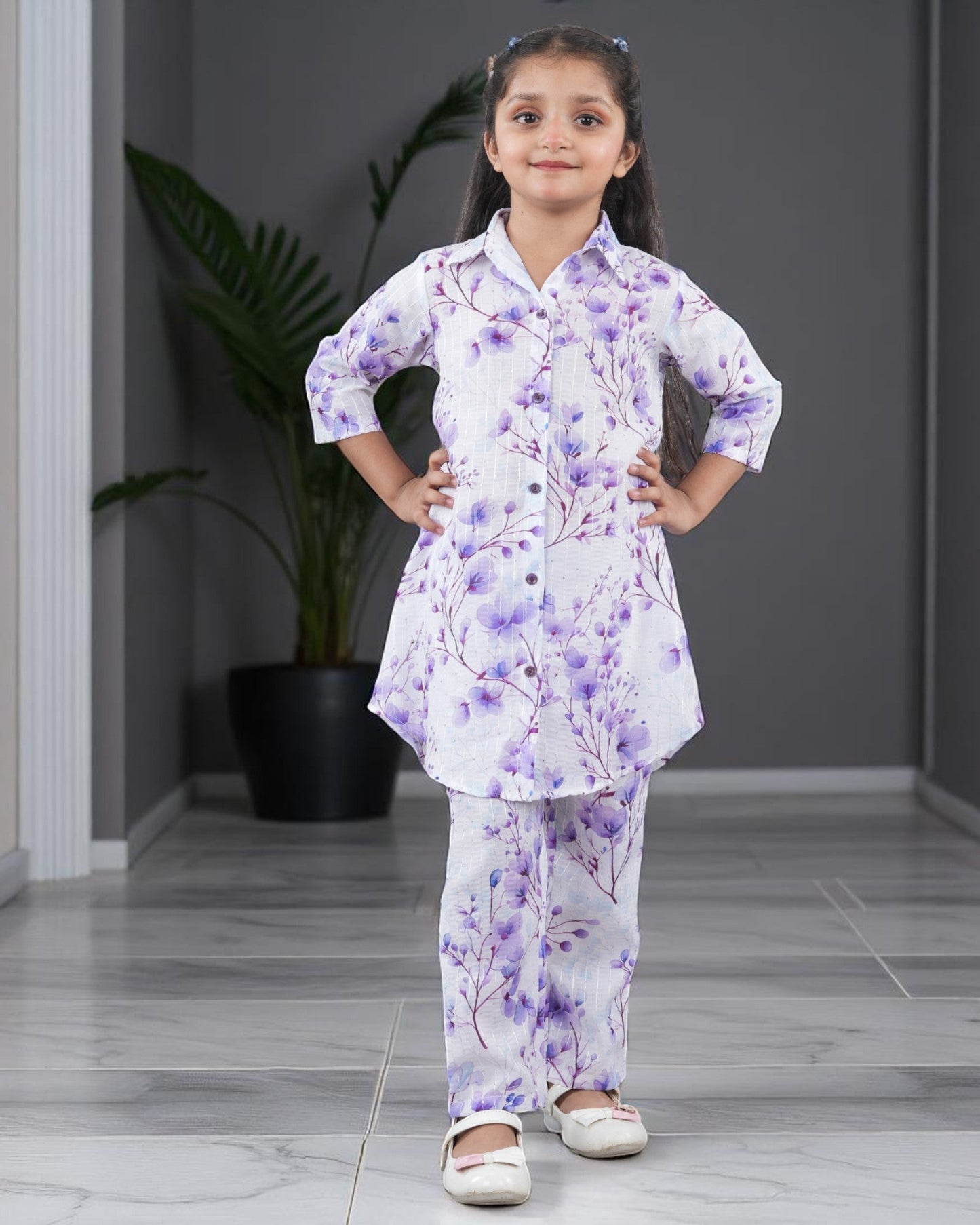 Jashmanara Girls’ Printed Co-ord Set – Sequin Work, Cotton Blend, Shirt Collar
