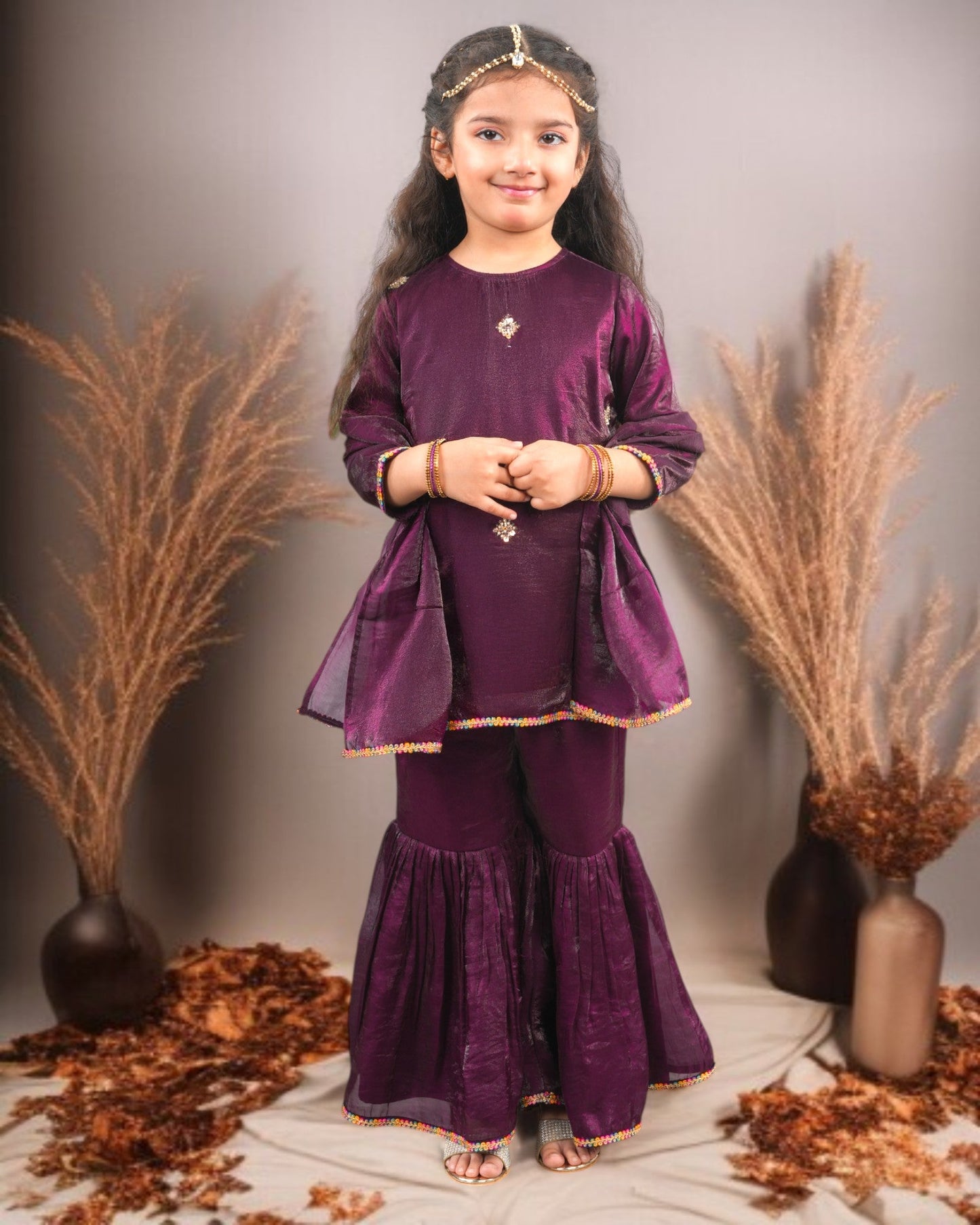 Jashmanara Girls’ Partywear 3-Piece Sharara Set in Fendi Fabric with Lace Detailing