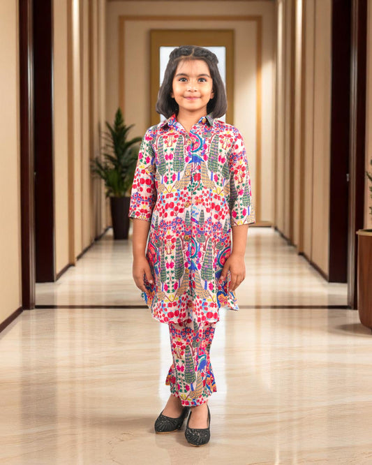 Jashmanara Girls’ Printed Co-ord Set – Sequin Work, Cotton Blend, Shirt Collar