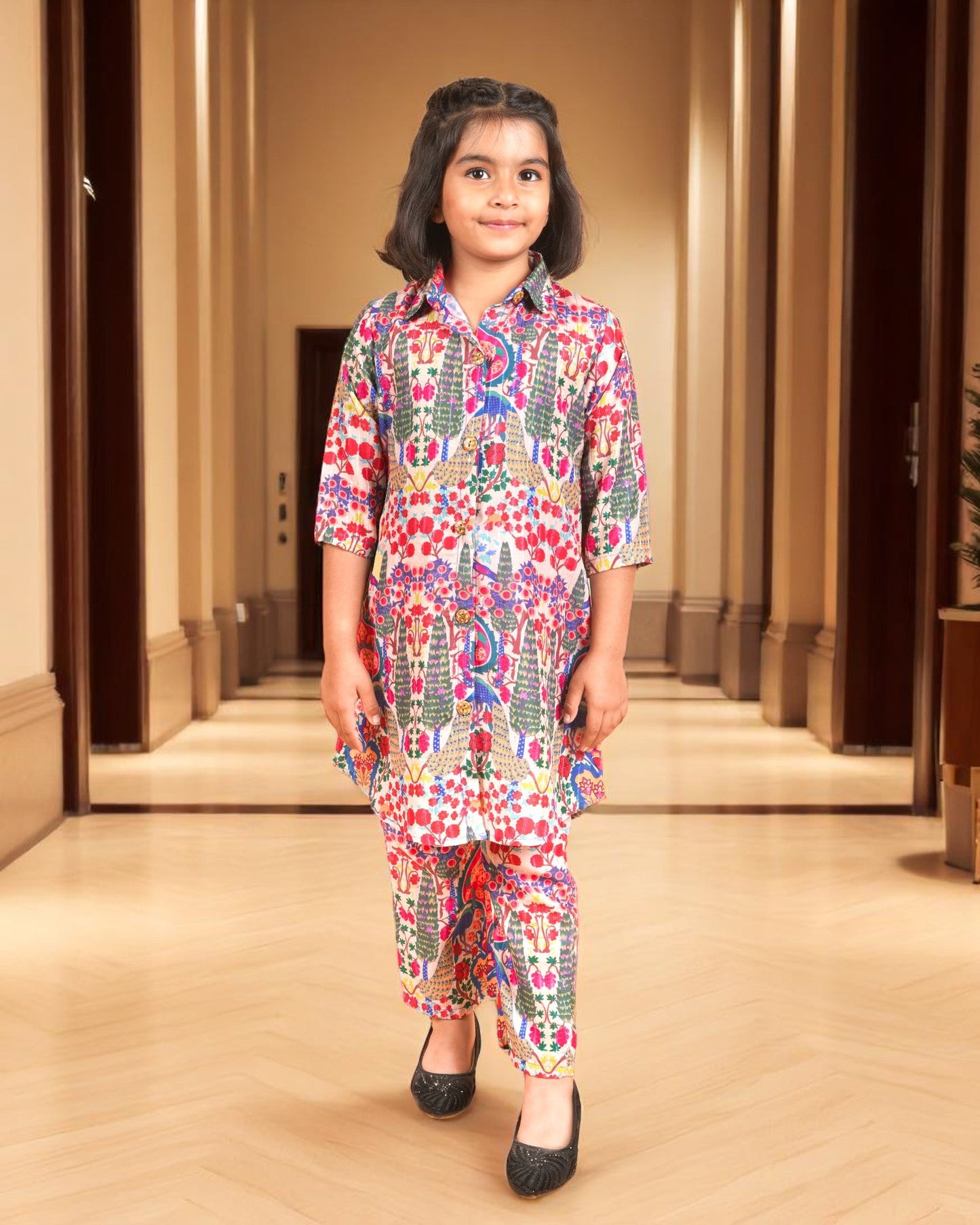 Jashmanara Girls’ Printed Co-ord Set – Sequin Work, Cotton Blend, Shirt Collar