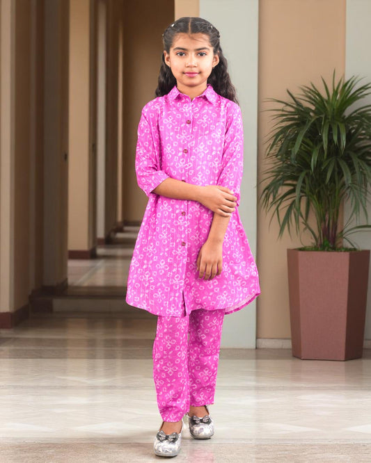 Jashmanara Girls’ Printed Co-ord Set – Sequin Work, Cotton Blend, Shirt Collar