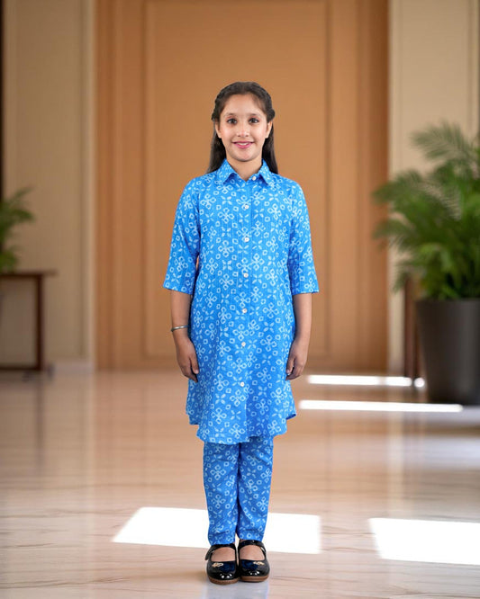 Jashmanara Girls’ Printed Co-ord Set – Sequin Work, Cotton Blend, Shirt Collar