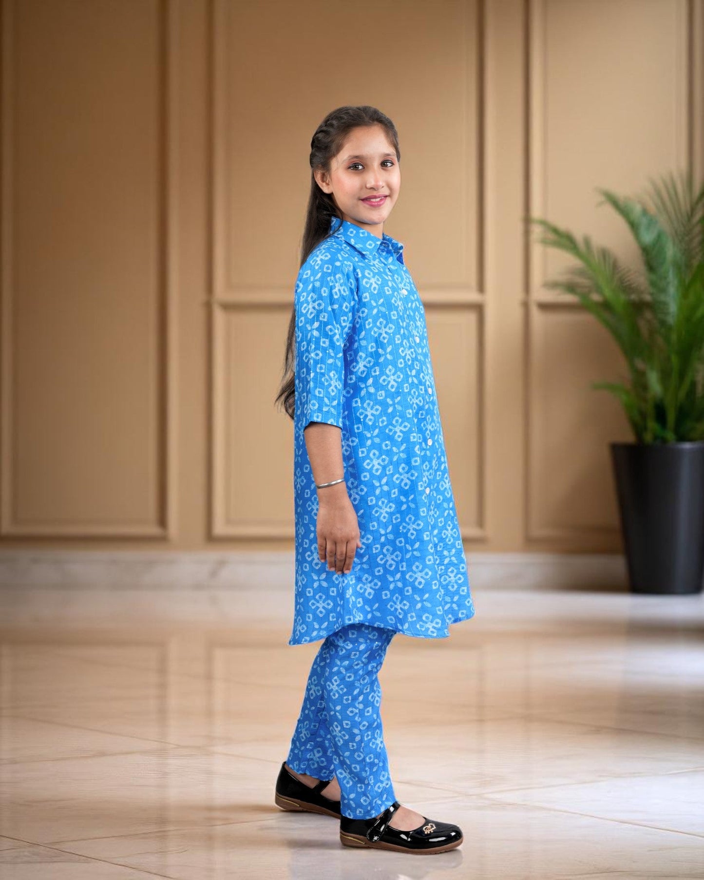 Jashmanara Girls’ Printed Co-ord Set – Sequin Work, Cotton Blend, Shirt Collar