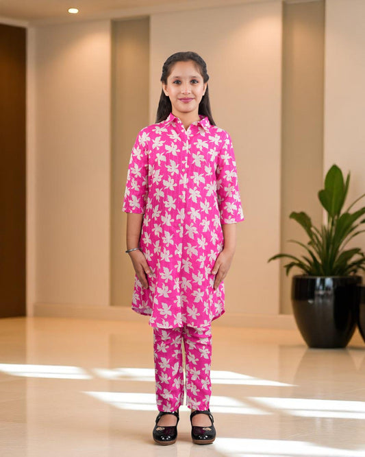 Jashmanara Girls’ Printed Co-ord Set – Sequin Work, Cotton Blend, Shirt Collar