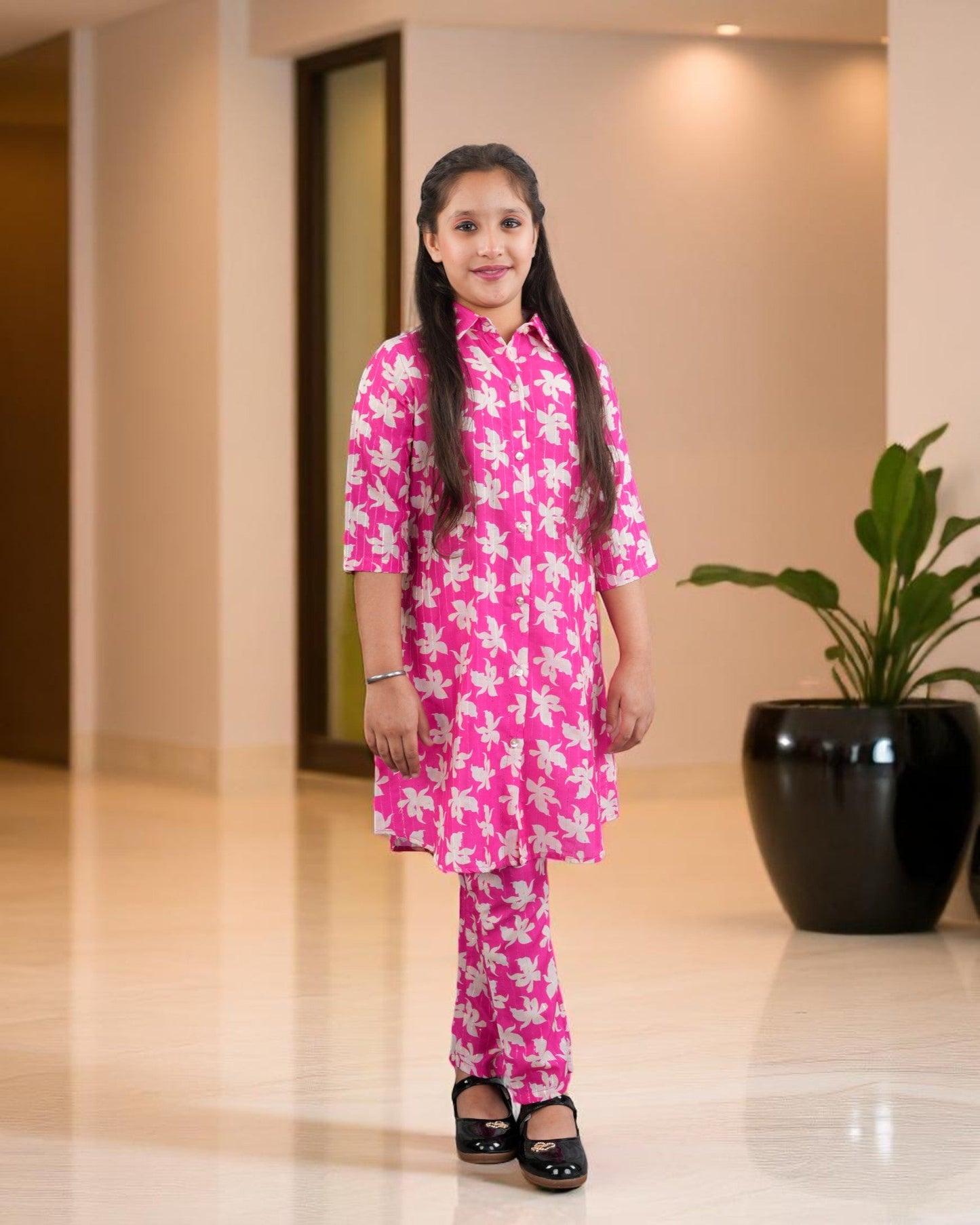Jashmanara Girls’ Printed Co-ord Set – Sequin Work, Cotton Blend, Shirt Collar