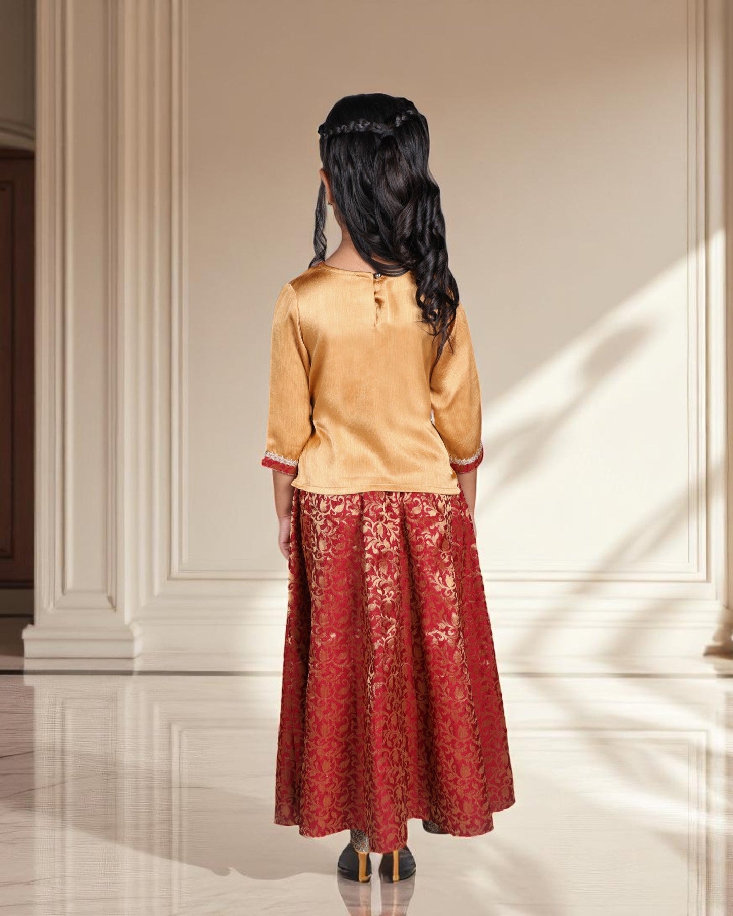 Jashmanara Girls’ Brocade Lehenga Set – Art Silk Top, Lace Work, Kids Partywear