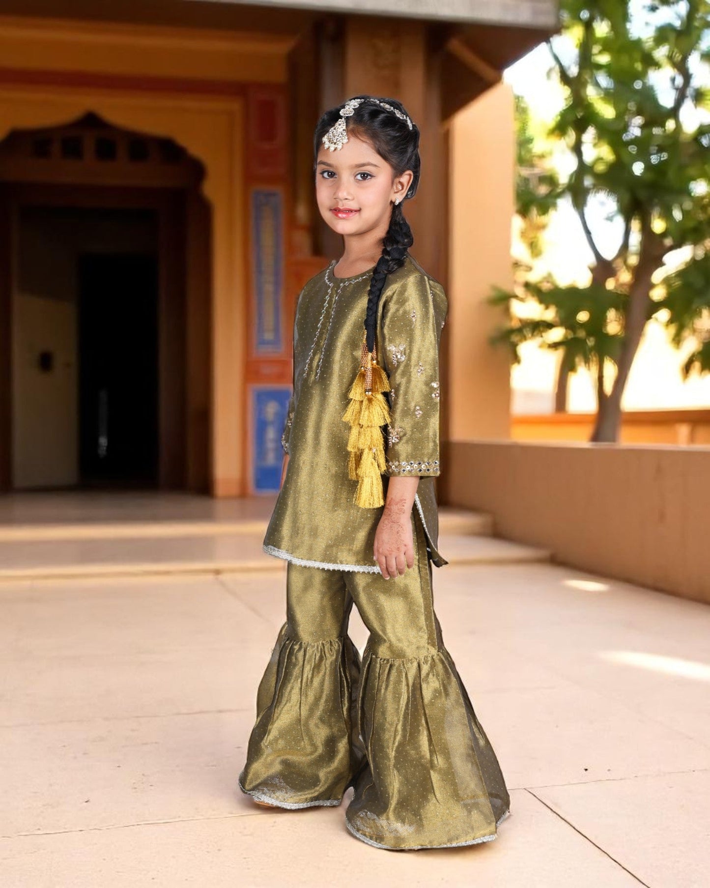 Jashmanara Girls’ Organza Sharara Suit – Embellished, Lace Work, Kids Festive Wear