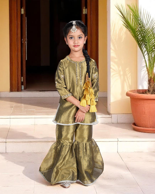 Jashmanara Girls’ Organza Sharara Suit – Embellished, Lace Work, Kids Festive Wear