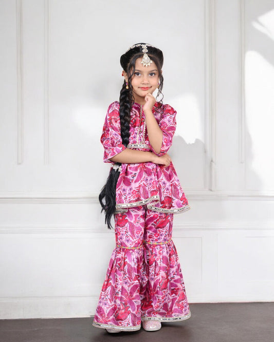 Jashmanara Girls’ Chinon Co-ord Set – Digital Print, Lace, Designer Sharara