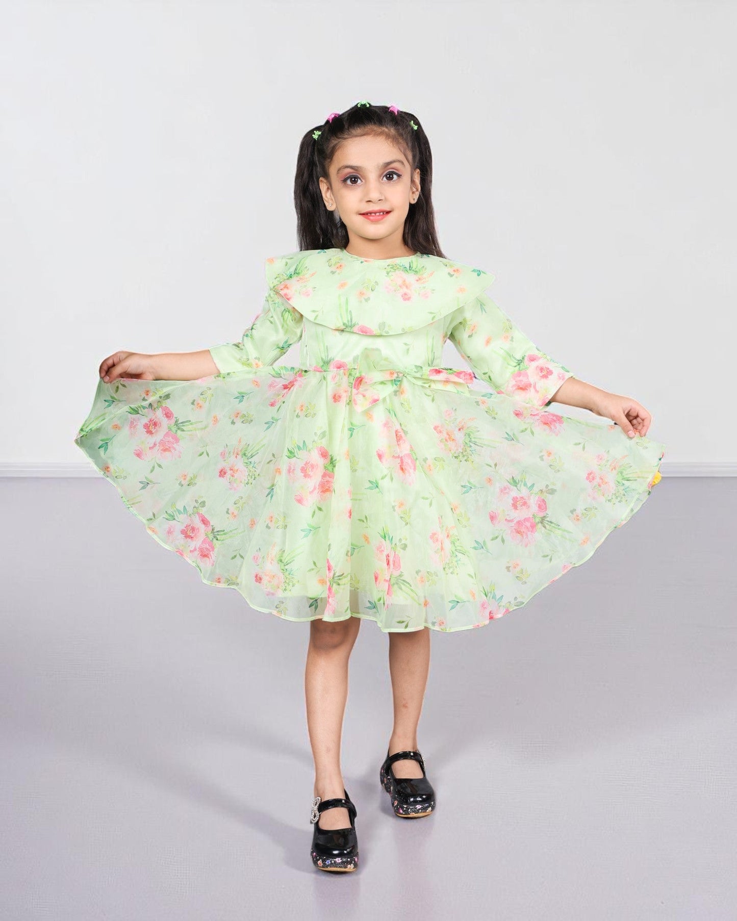 Jashmanara Girls’ Designer Organza Frock – Digital Print, Waistbelt, 3/4 Sleeves