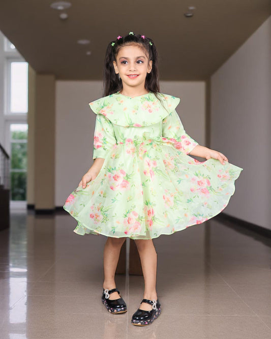 Jashmanara Girls’ Designer Organza Frock – Digital Print, Waistbelt, 3/4 Sleeves