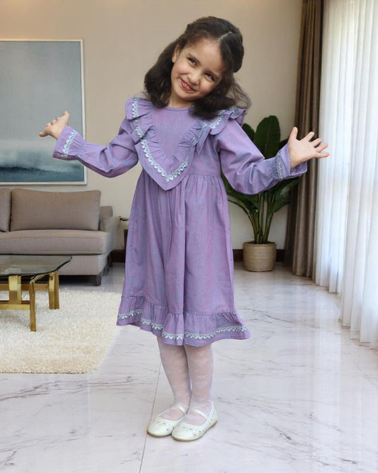 Elegant Designer Cotton Frock with Lacework & Full Sleeves – Breathable & Stylish